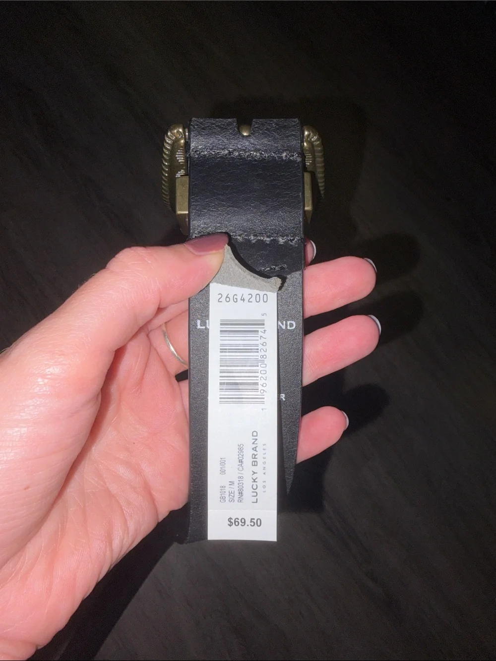Lucky Brand Black Genuine Leather Belt with Distressed Western Gold Buckle
